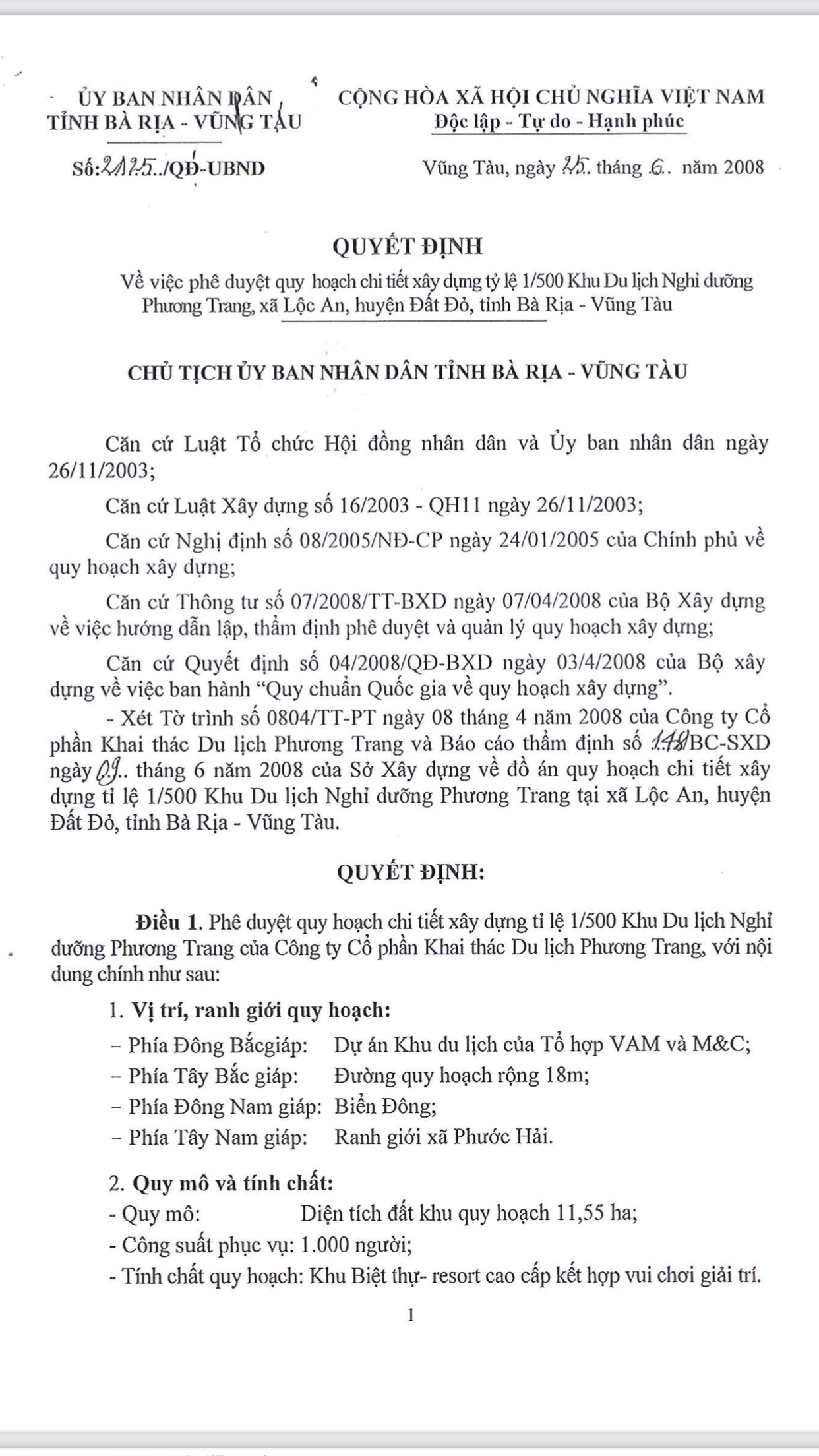 Chuyển nhượng dự án Khu du lịch nghỉ dưỡng Phương Trang Huyện Đất Đỏ