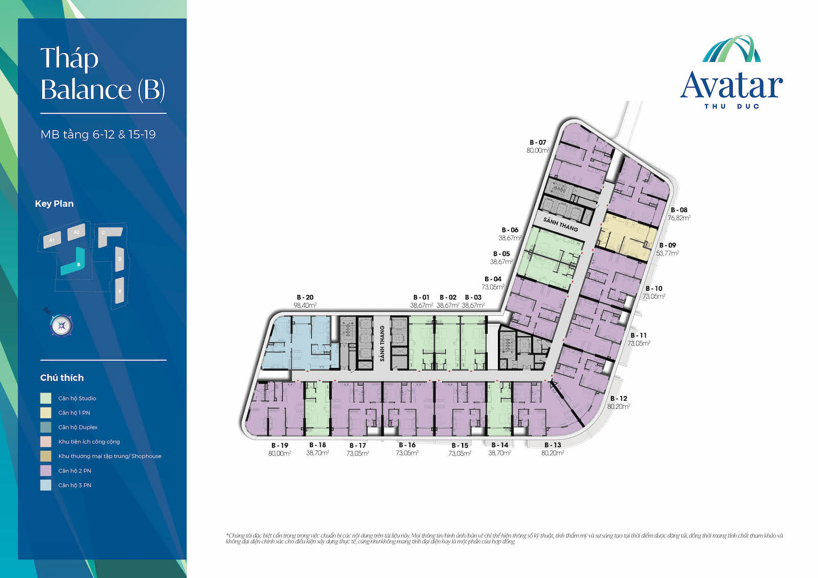 Mặt bằng tầng điển hình Block B căn hộ Avatar Thủ Đức