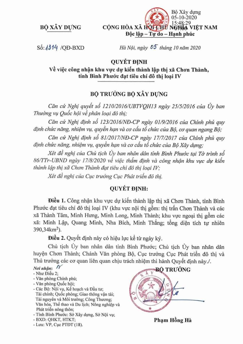 Quyết định khu vực thành lập thị xã Chơn Thành